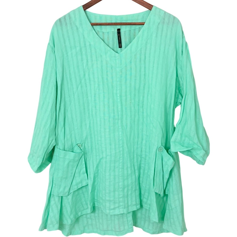 IC by Connie K Tunic Top Womens Medium Mint Green Linen V-Neck Coastal Light